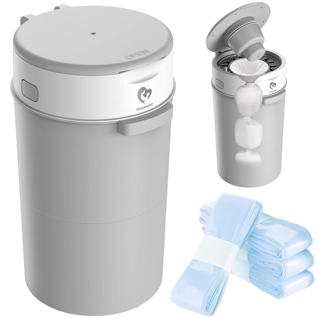 Bellababy Diaper Pail, Upgrade Baby Diaper Bin with Double Odor Locking, Includes 4 Refills (270 inches/pcs), Compact Design for Nursery,Gray
