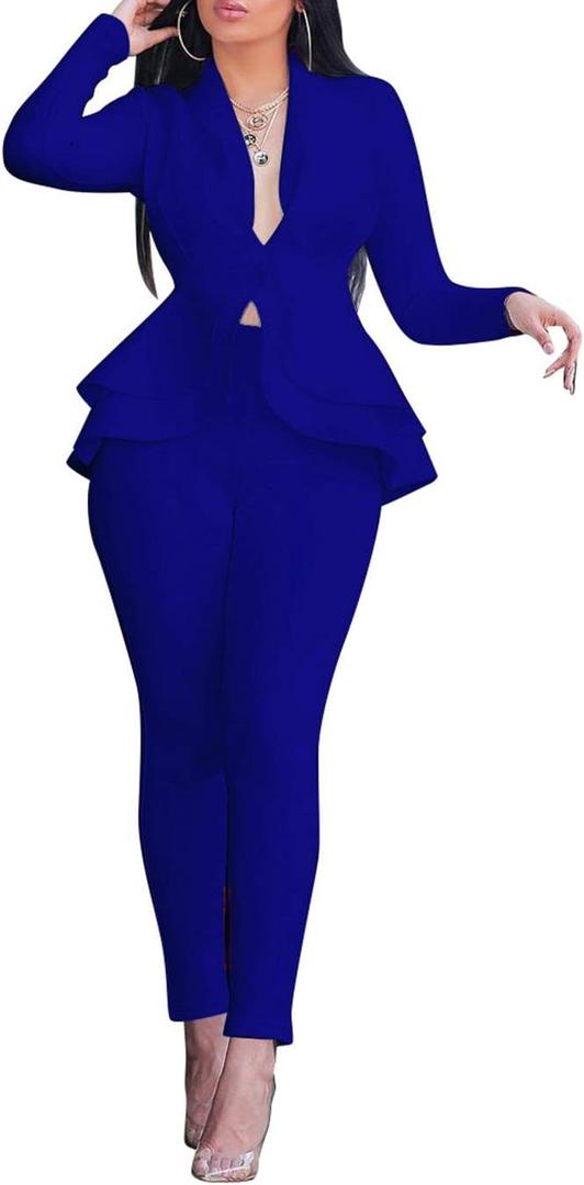 Salimdy Sexy 2 Piece Outfits for Women Long Sleeve Solid Blazer with Pants Casual Elegant Business Suit Sets (Blue)