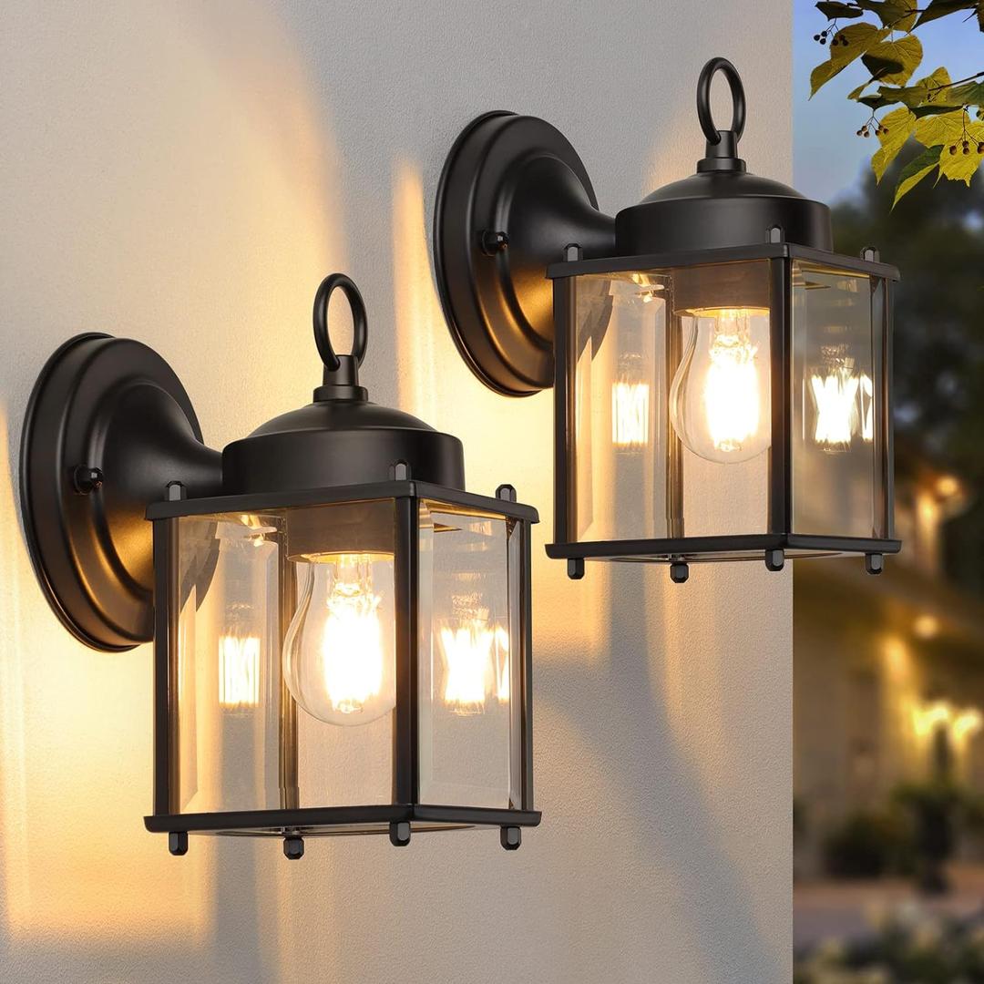 MATAMEYE Outdoor Wall Lantern, Exterior Waterproof Wall Sconce Light Fixtures, Black Front Door Wall Lighting with Clear Beveled Glass Shade, 2 Pack (8.27 inch)