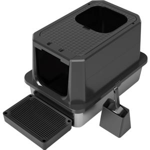 RIZZARI Enclosed Cat Litter Box: All Black Stainless Steel - Odor-Resistant & High-Sided - Teflon Non-Stick Coating for Quick Cleaning - Large Top-Exit Pan for Modern Homes Balcony