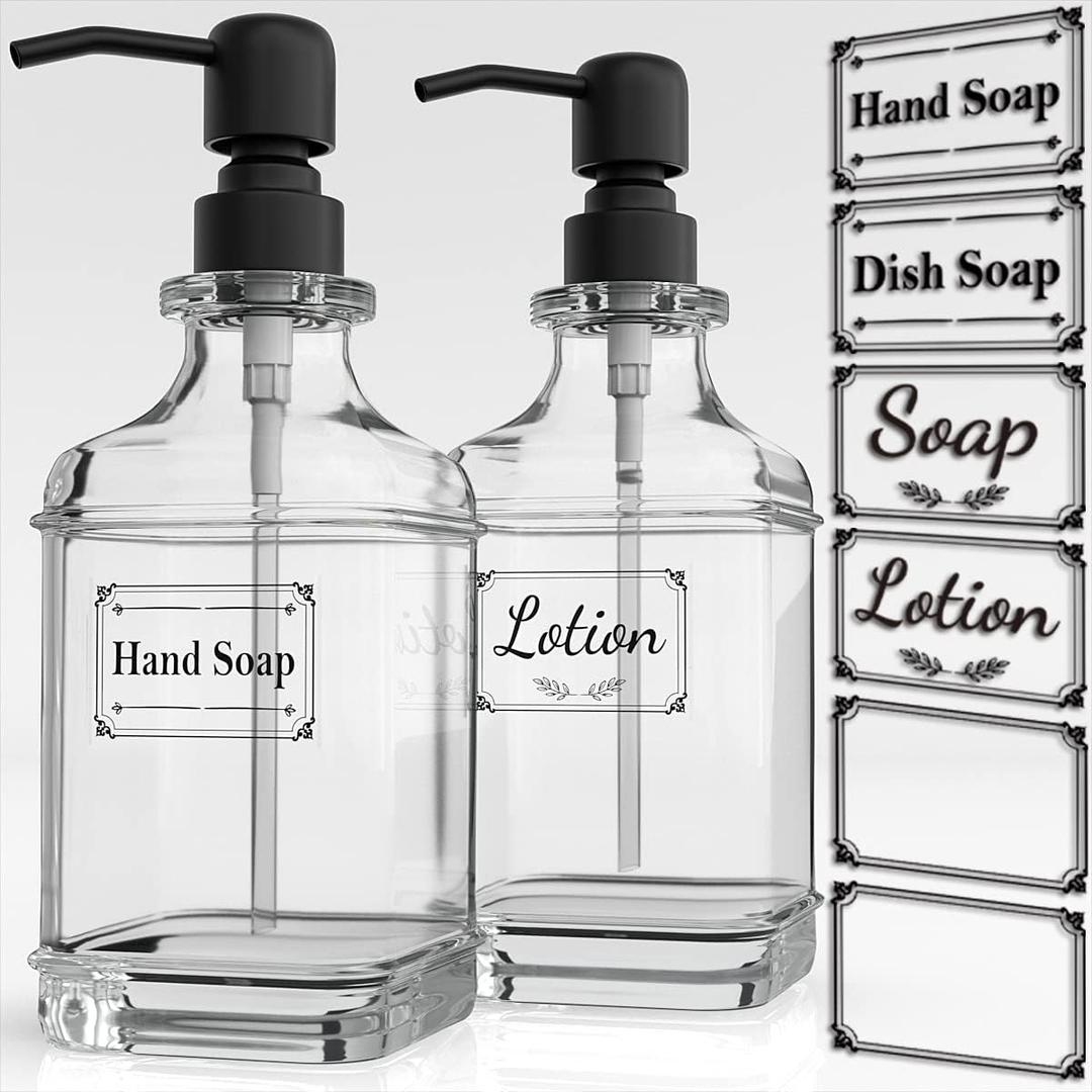 GLADPURE 2 Pack Soap Dispenser, 18 Oz Antique Design Thick Glass Hand Dispensers; with 304 Rust Proof Stainless Steel Pump, 6Pcs Clear Stickers, for Kitchen, Bathroom- Black GLADPURE 2 Pack Soap Dispenser, 18 Oz Antique Design Thick Glass Hand Dispensers; with 304 Rust Proof Stainless Steel Pump, 6Pcs Clear Stickers, for Kitchen, Bathroom- Black