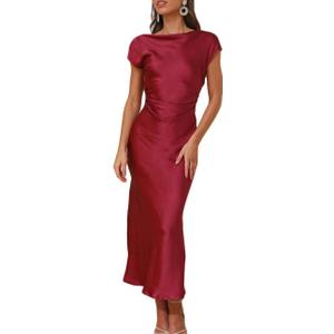 2025 Satin Cap Sleeve Cowl Back Summer Dresses for Women Elegant Ruched Waist Wedding Guest Midi Dress (Small, Burgundy)