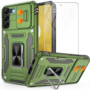 Gritup for Samsung Galaxy S22 Case with 2-Pack HD Screen Protectors and Slide Camera Cover14FT Military Grade Drop ProtectionCar Mounted Magnetic Rotate Kickstand for S22 Cases,Green