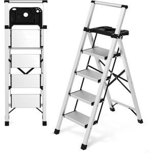 4 Step Ladder with Tool Tray - 600lbs Heavy Duty Lightweight Step Stool with Extended Handrails, Work Platform for Home Maintenance & DIY Projects