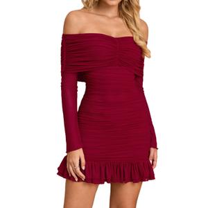 XinFSh Women's Sexy Off The Shoulder Bodycon Mini Dress Fall Long Sleeve Ruffle Ruched Short Party Club Dresses Wine (L)