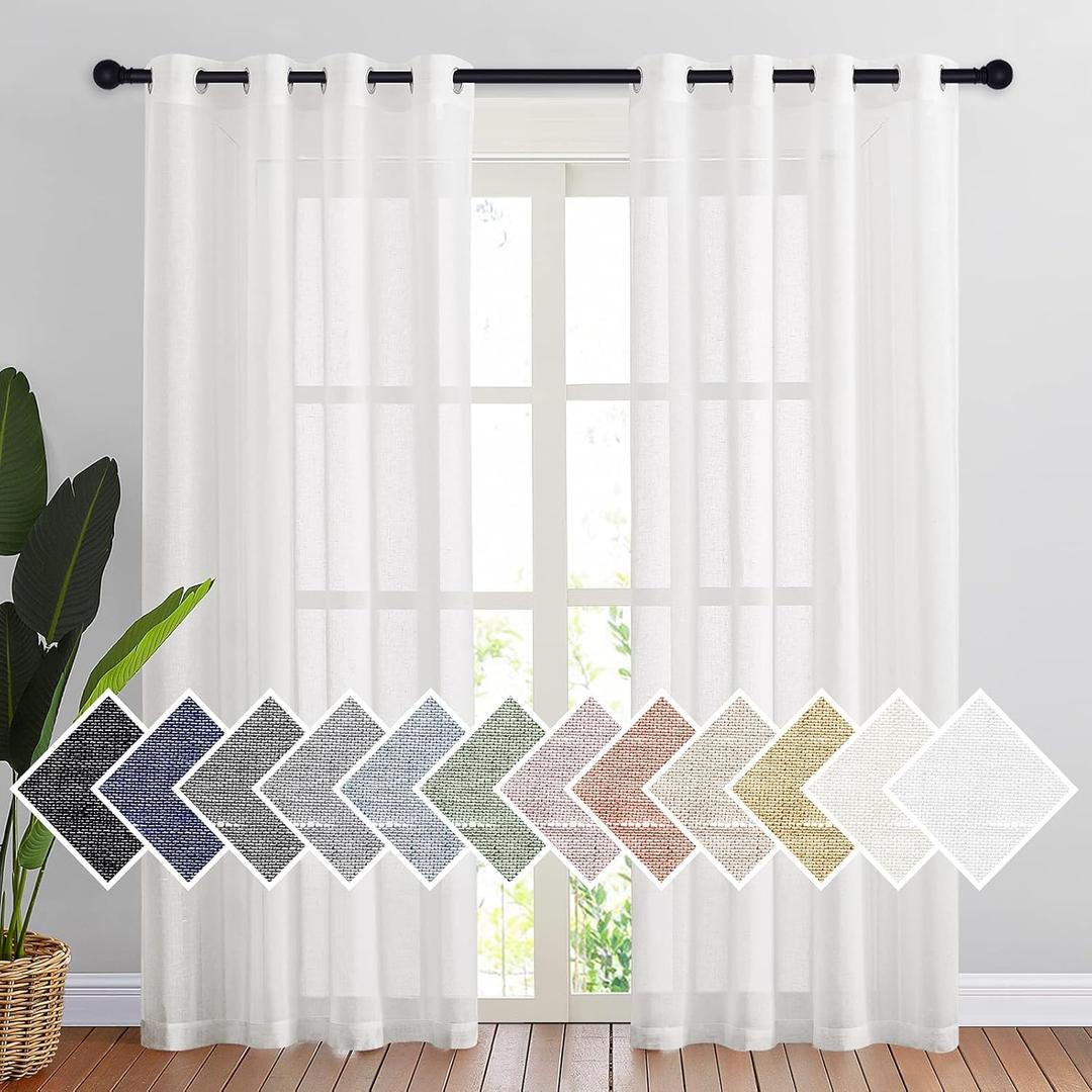NICETOWN Semi Sheer Linen Curtains Flax Textured for Living Room, Grommet Vertical Drapes Natural Privacy Sheer Panels with Light Filter for Villa/Cottage, W52 x L84, Ivory, 1 Pair
