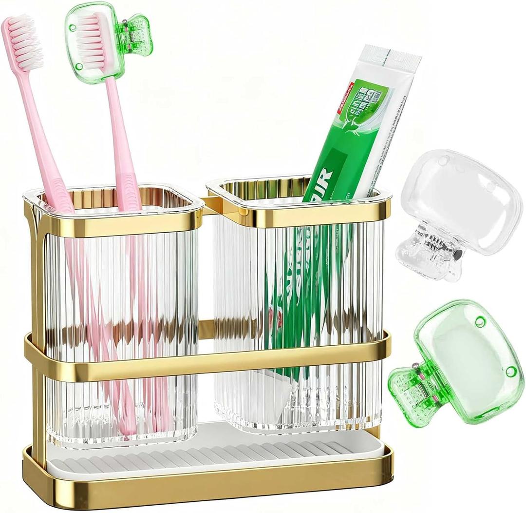 Toothbrush Holders for Bathrooms, Toothbrush Holder Wall Mounted, Kitchen Utensil Holder, 2 Cups Dry & Wet Separation, Kitchen Bathroom Tooth Brush Holder Organizers and Storage (White Gold)