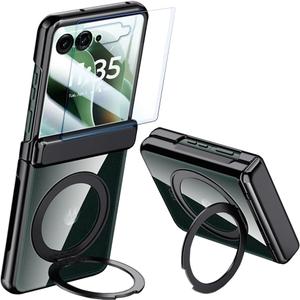 Clear Case for Motorola Razr Ultra 2025 with Magnetic Rotating Ring Kickstand & Screen Protector and Hinge Protection, Transparent Plating Wireless Charging Case for Motorola Razr Ultra 2025(Black)