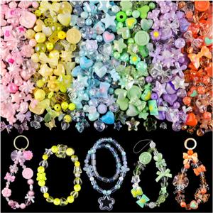 Assorted 260-320PCS Acrylic Beads For Bracelet Making, Flower Bow Butterfly Candy Gummy Bear Kawaii Aesthetic Beads,Cute Beads For Jewelry Making DIY Necklace Keychain Phone Charm(6 Colors) (6 COLOR SERIES-PINK+PURPLE+GREEN+BLUE+YELLOW+ORANGE)