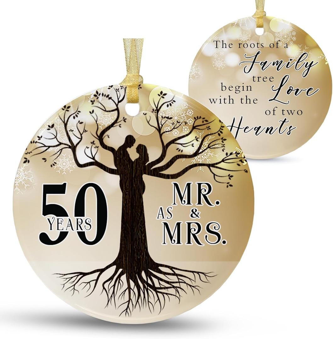 50th Anniversary Wedding Ornament 2025 Christmas Hanging for Couple,50 Years as Mr and Mrs Presents,Xmas Wedding Gift for Parents,Ceramic Ornament for 50th Husband&Wife Married (2.9")