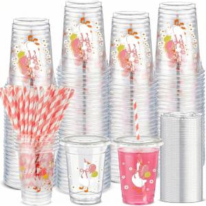 Jingmore 50 Sets Silly Goose Bow Disposable Cups for Baby Shower with Lids and Straws Plastic 12 oz Cute Bowknot Goose Cold Beverage Drinking Cups for Birthday Party Decorations Supplies (Pink)