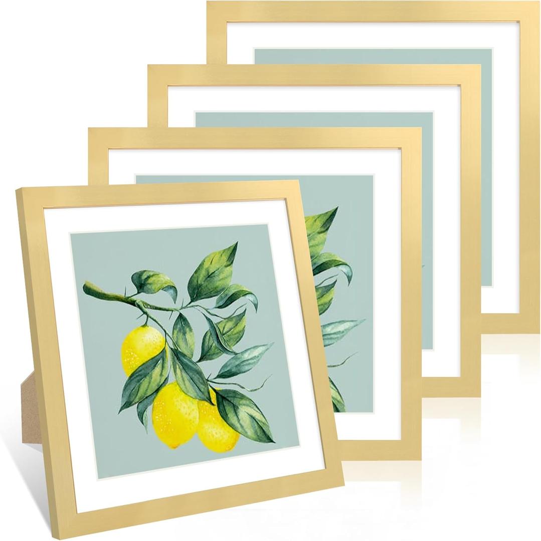 12x12 Picture Frame Set of 4, 12 x 12 Wood Photo Frames with Mat for 10x10 or 30x30cm Diamond Painting Art, Wooden Frame with Real Glass Cover for Wall and Tabletop Display, Gold