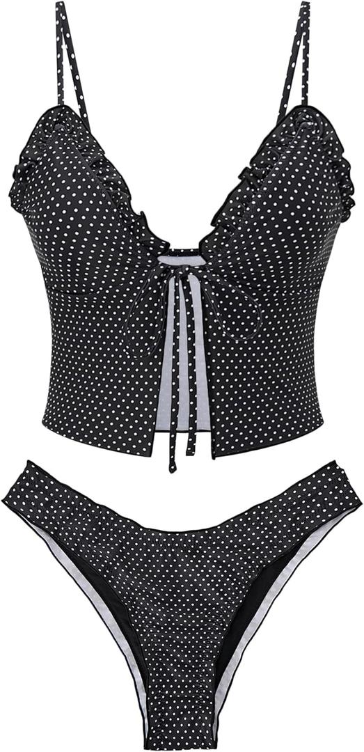 seamoly Women's Tankini Sets Tie Front Ruffle Bikini Set High Cut Thong Two Piece Swimsuit Floral Gingham Bathing Suit Small