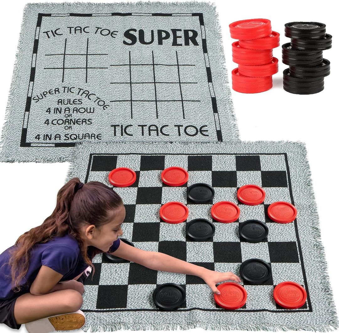3-in-1 Vintage Giant Checkers, Tic, Tac, Toe, with Reversible Mat, 24 Chips, Family Board Game, Lawn Game, BBQ Party Favor, Indoor and Outdoor Activity for Kids and Adults, 25.5 Inches X 25.5 Inches X 0.1 Cm