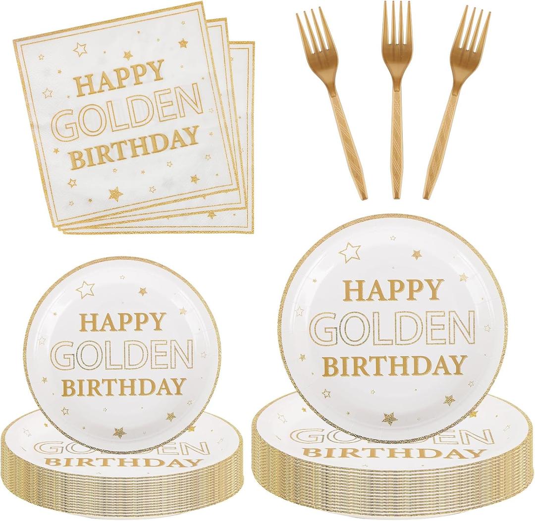 50 Pieces Happy Golden Birthday Party Disposable Paper Plates,8 inches White Gold Plates for Golden Birthday Party Decorations 50 Forks Include