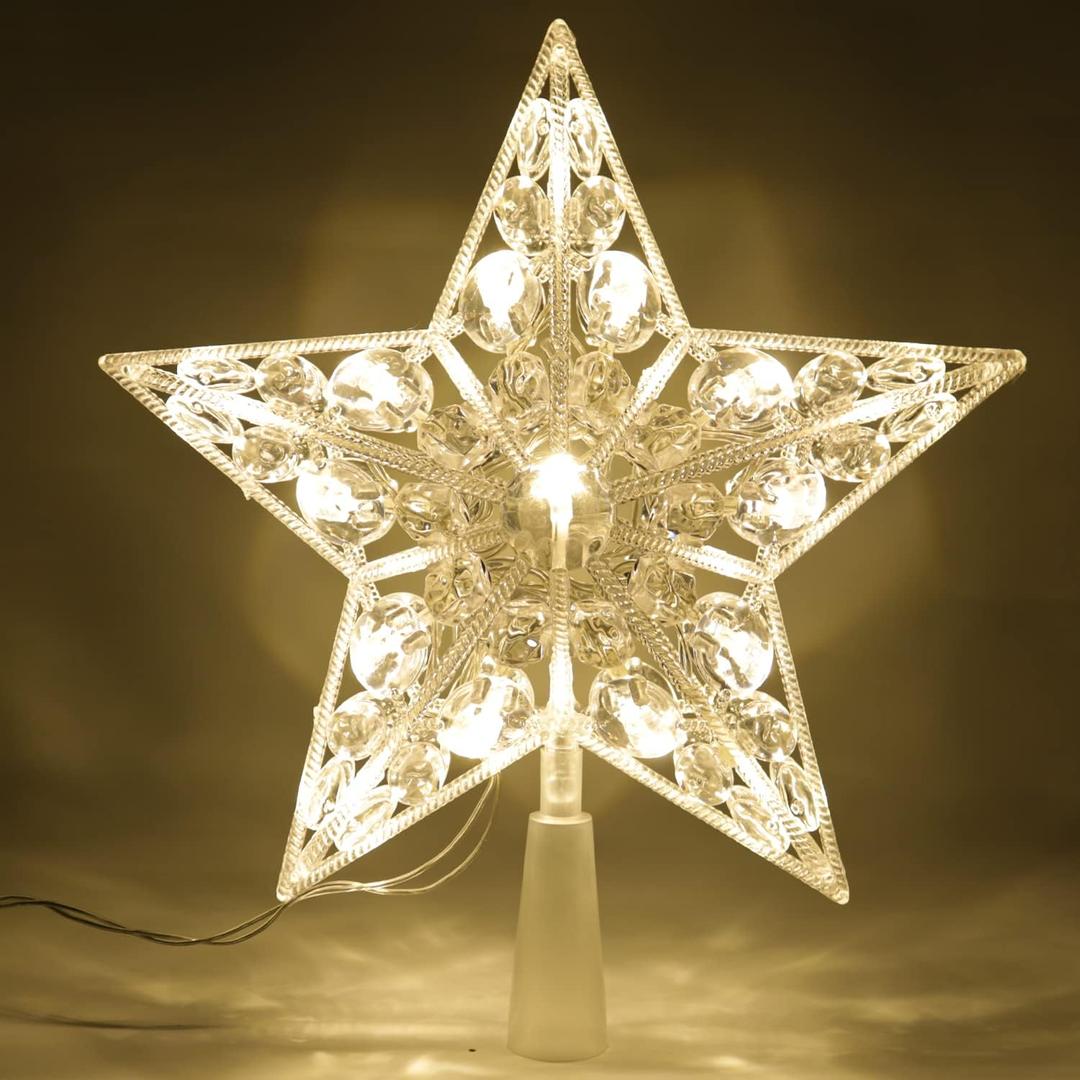 Christmas Tree Topper Star with Timer, 8.3" Crystal Star Tree Topper Lighted with Led Warm Lights, Battery Operated Outdoor Tree Toppers for Xmas Decoration, Christmas Tree Star Topper