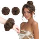 FESHFEN 2PCs Small Messy Bun Hair Piece for Thin Hair Women Girl Mini Synthetic Elastic Wavy Space-bun Scrunchies Updo Hairpieces, Mix Brown