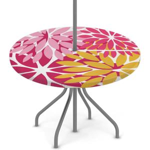 Round Tablecloth with Umbrella Hole and Zipper Elastic Fitted Table Cloth 45"-56" Oil-Proof Waterproof Patio Table Cover for Outdoor Picnic Party, Spring Summer Geometric Elegant Pink Yellow