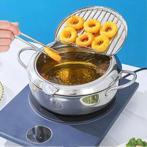 8.2 Inch Deep Fryer Pot with Strainer Basket and Thermometer,Stainless Steel Deep Frying Pot with Handle, Janpanese Style Oil Mini Fryer Dishwasher Safe for Fish Shrimp Chicken, 2.2L (Silver)