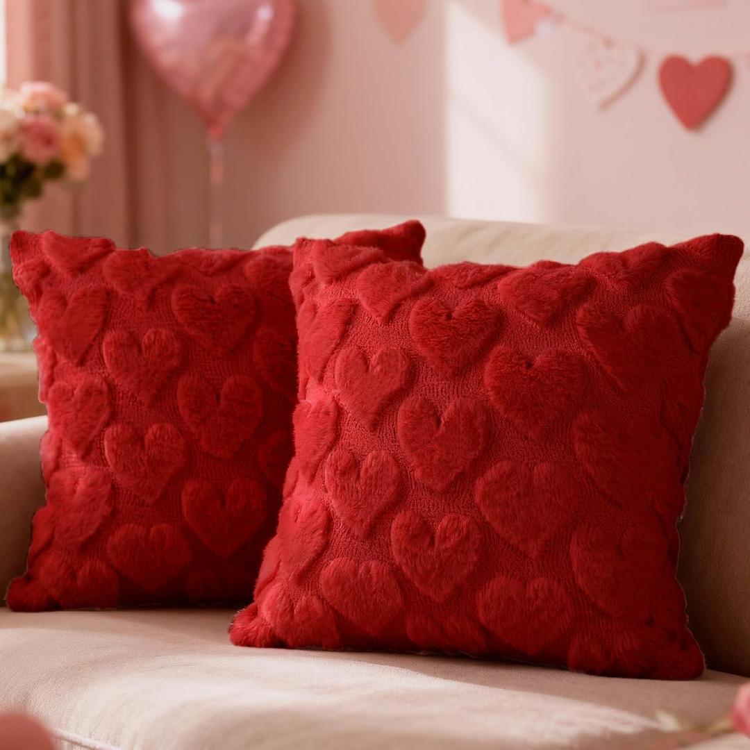 Lanpn Valentines Day Throw Pillow Covers 12x12 inch Set of 2, Valentine Decoration Soft Plush Love Pillowcase Decorative Cushion Cover for Holiday Couch Sofa Home Decor (Red, Small Heart)