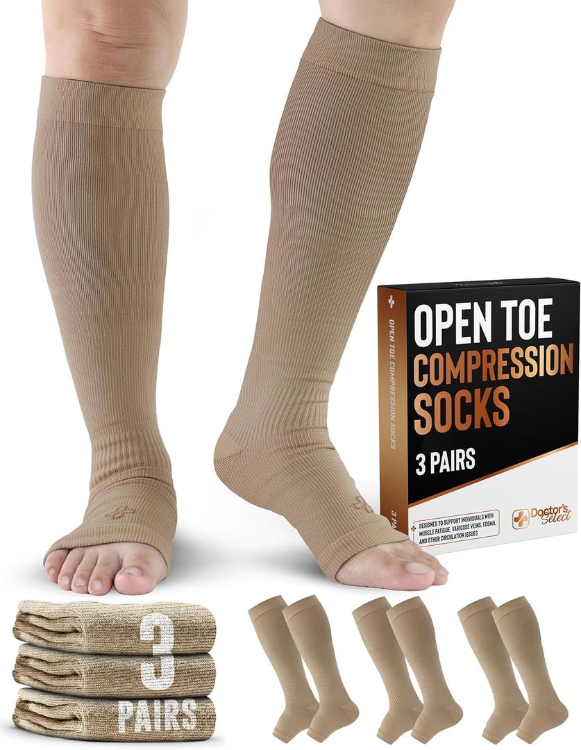 Doctor's Select 3 Pairs Copper Toeless Compression Socks Women & Men - 20-30 mmHg Open Toe, Knee High, Nude Compression Socks, Compression Sock for Women Nude, Tan (Large-X-Large)