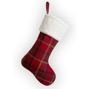 Large Christmas Stockings, Plush Velvet Faux Fur Xmas Stocking Decoration Vintage Red Plaid Hanging Stockings Ornaments for Family Holiday Season Decor