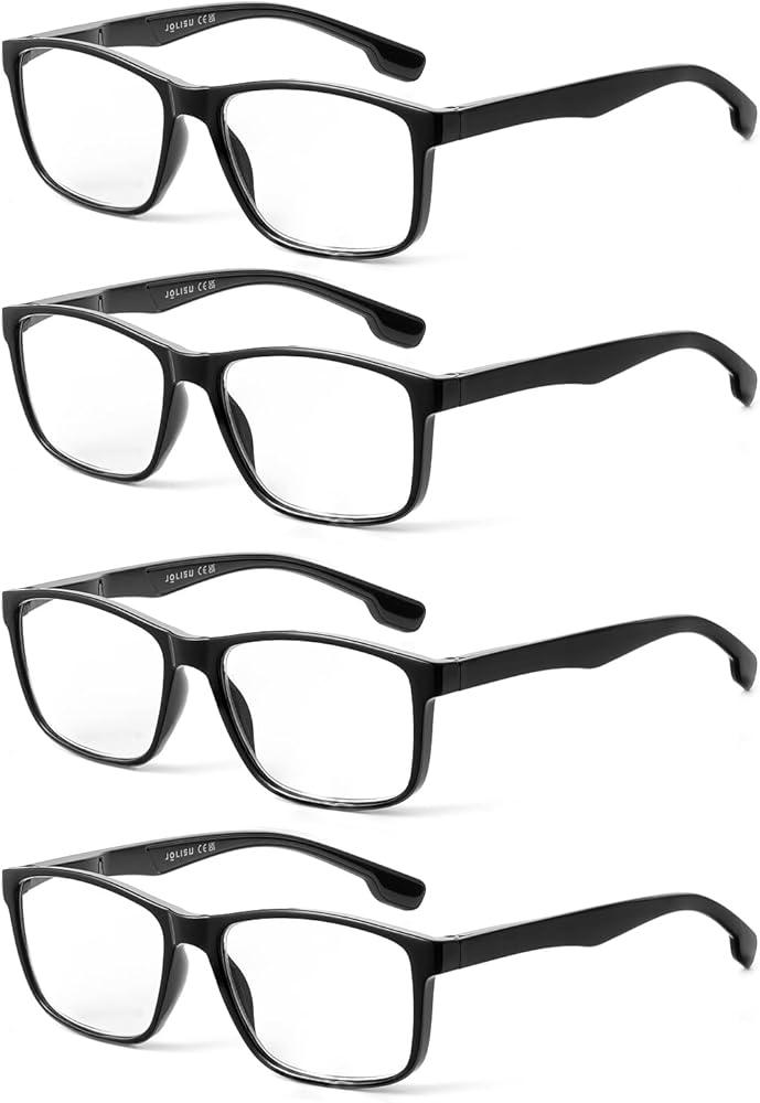 JOLISU 4 Pack Reading Glasses Men Blue Light Blocking with Spring Hinge, Anti Eyestrain/UV Large Wide Square Computer Readers, Magnification Strength: 1.75 x