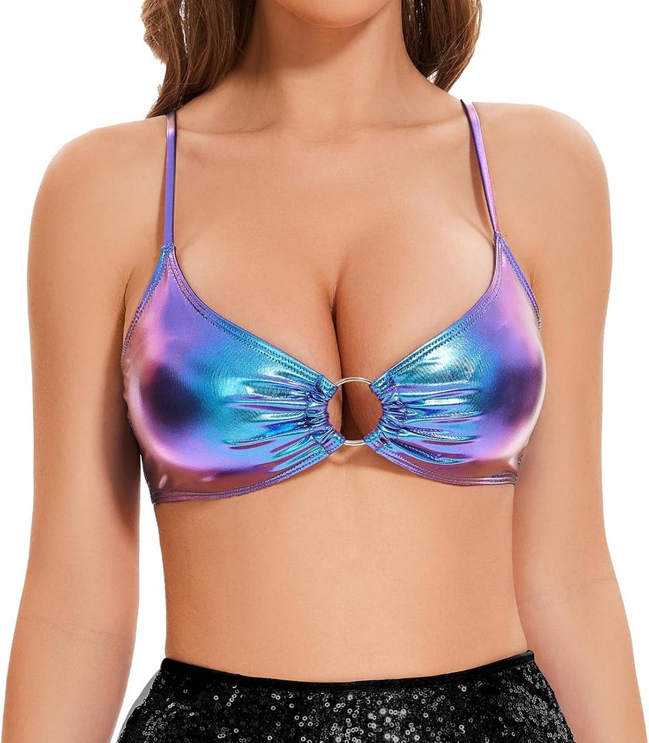 Women's Metallic Bra Tops Shiny Bralette Rave Crop Top with Metal Ring Festival Party Bikini, Size XXL