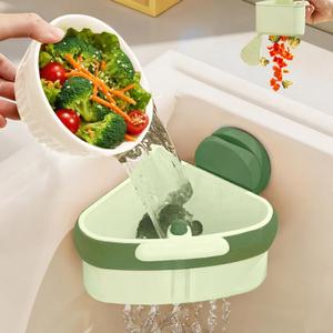 Sink Strainer Basket, Corner Sink Strainer with Suction Cups Dump Design, Triangle Drain Basket for Kitchen Sink, Food Waste Catcher with Drain Holes, Faucet Sponge Storage Rack (Green)