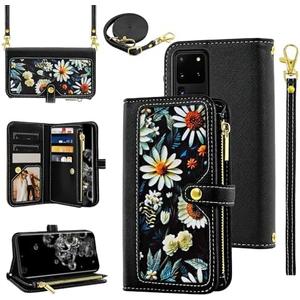 Furiet Floral Wallet Case for Samsung Galaxy S20 Ultra 5G with Wrist Strap Shoulder Strap Zipper Purse, Luxury PU Leather Card Holder Stand Phone Cover for S20ultra 20S S 20 A20 S2O 20ultra G5 Black