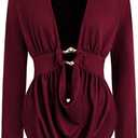 SOLY HUX Women's Plus Size Ruched Cowl Neck T Shirt Long Sleeve Asymmetrical Party Club Tops (Pure Burgundy. Large)