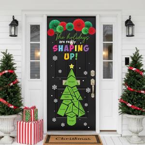 Motipuns 53 Pcs 3D Christmas Door Decor Winter Holidays Math Bulletin Board for Math Classroom Geometric Shapes Christmas Tree Cutout with Paper Flower for Xmas Library Teacher Office Party Decors