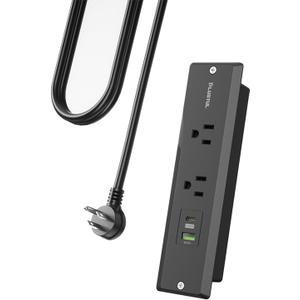 PLUGTUL Recessed Power Strip, 10 FT, PD 20W Fast Charging, Flat Plug, Black, Plastic & Rubber, 2 AC Outlets, 1 USB-C PD20W, 1 USB-A, 10A, 1250W, ETL Listed, Indoor Use