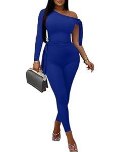 ECHOINE Sexy One Off Shoulder Jumpsuits For Women Long Sleeve Bodycon Rompers One Piece Outfits Blue M