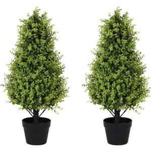 30" Tall Artificial Boxwood Topiary Trees, Set of 2 UV Resistant Faux Evergreen Shrubs and Bushes for Outdoor Planters, Realistic Fake Plants for Front Porch Outside Patio Garden