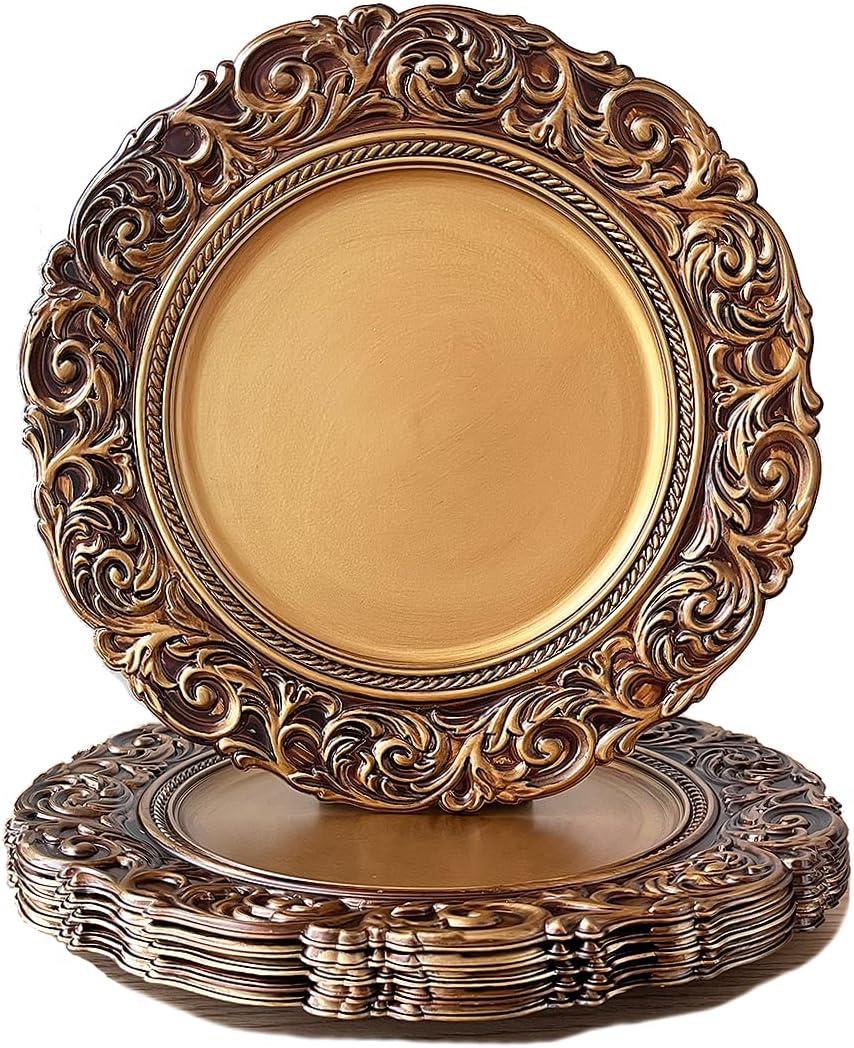 Antique Gold Charger Plates, 13 Inch Dinner Plate Chargers Round Server Ware. Set of 6 Plastic Embossed Charger for Dinner, Wedding, Elegant Tableware Decor