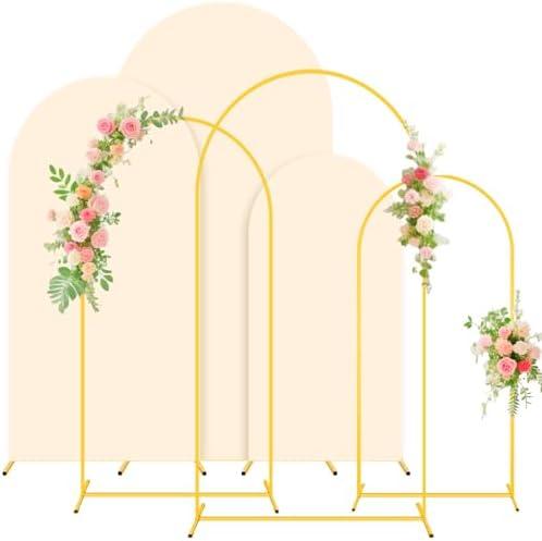 Wedding Arch Backdrop Stand and Beige Arch Cover Set of 3 (7.2FT, 6.6FT, 6FT) Metal Arch Stand Balloon Arched Frame Backdrop with Spandex Arch Stand Cover for Birthday Party Baby Shower Graduation