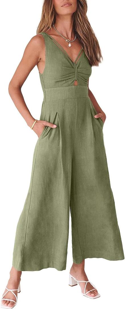 ANRABESS Women's Summer Wide Leg Linen Jumpsuits Dressy V Neck Sleeveless Casual Pants Rompers 2024 Vacation Beach Outfits, Olive, Small 