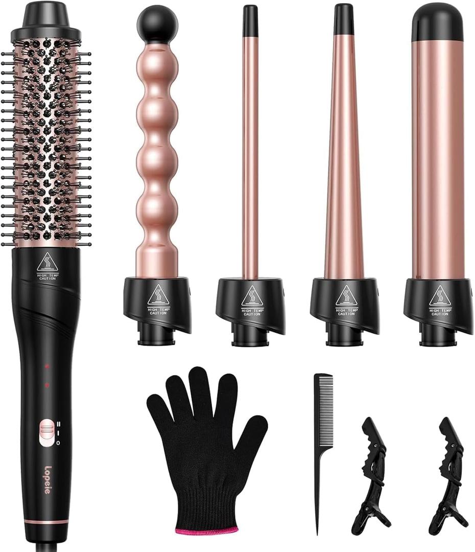 Lopeie 5 in 1 Wand Curling Iron Set, Hair Styling Tools with Thermal Brush and 4 Interchangeable Ceramic Barrels from 1/2 to 1 1/2 inch, Fast Heating, Dual Voltage Hair Curler, Gifts for Women (Rose Gold)