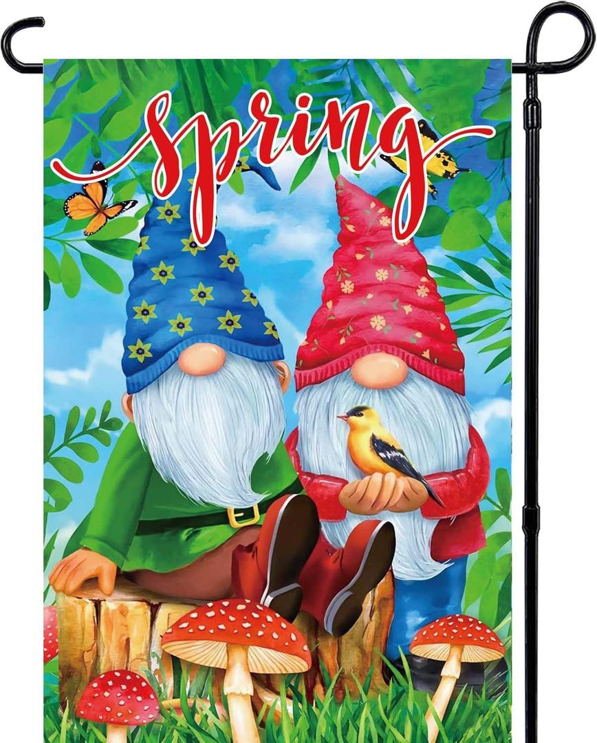 Spring Garden flag of Double Sided Double Stitching 12x18 inch Easter Spring Yard Flags for Outside Decor(Gnome)