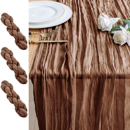 Xiomot 3PCS Table Runner Cheesecloth 10FT Brown Boho Gauze Cheese Cloth Rustic Sheer Table Runners for Wedding Bridal Baby Shower Party Decoration