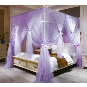 VETHIN 4 Corners Post Princess Bed Canopy Curtain Double Layer Cozy Drape Netting 4 Opening Mosquito Net for Girls & Adults Bedroom Decoration Accessories (Double Purple, 59" W*82" L*82"*H/(Queen))