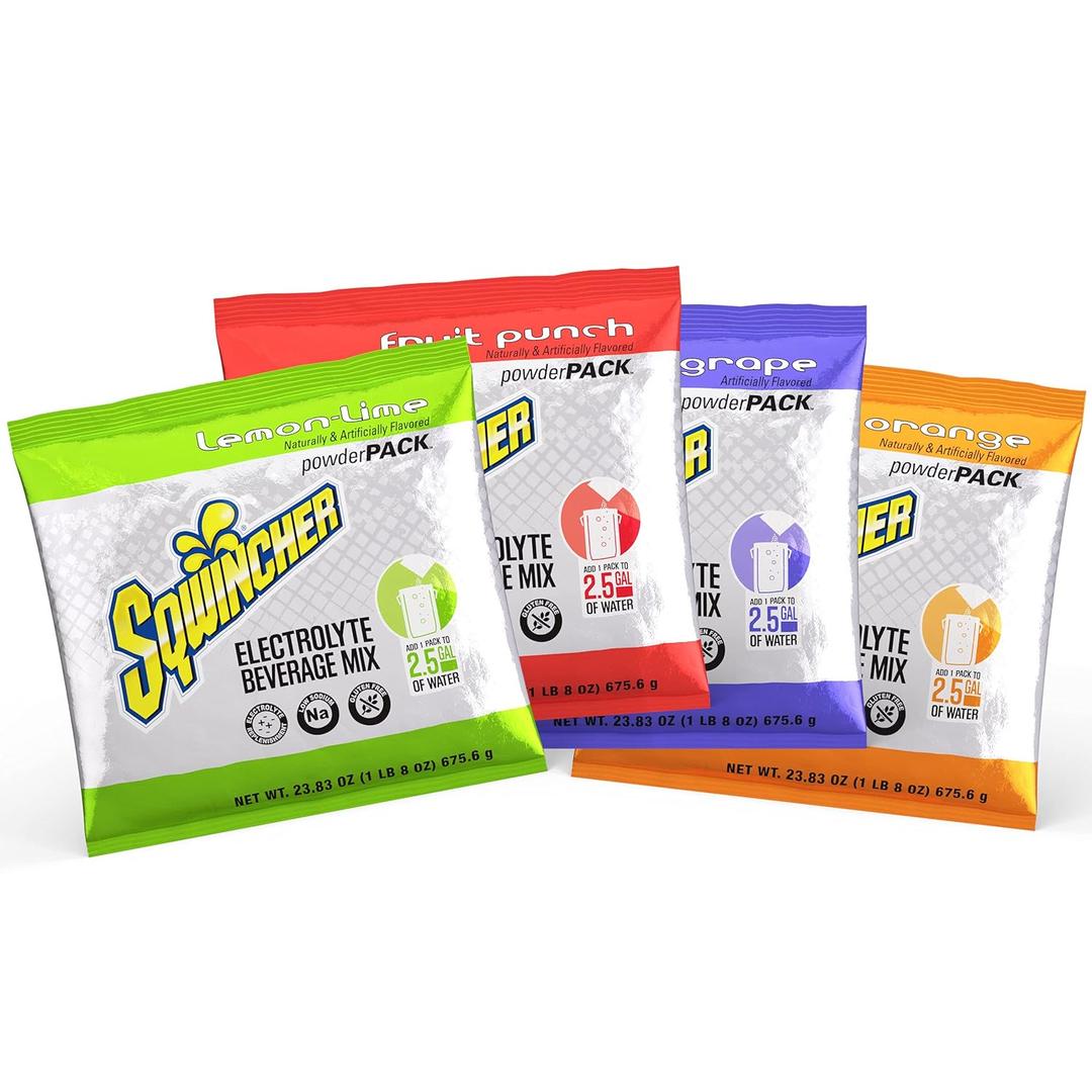 Sqwincher Powder Pack | Assorted Flavors | Low Calorie | Low Sodium | Electrolyte Replenishment Hydration Drink Mix | 4 Flavor Variety Pack | 23.83 oz Packet (Variety Pack of 32)
