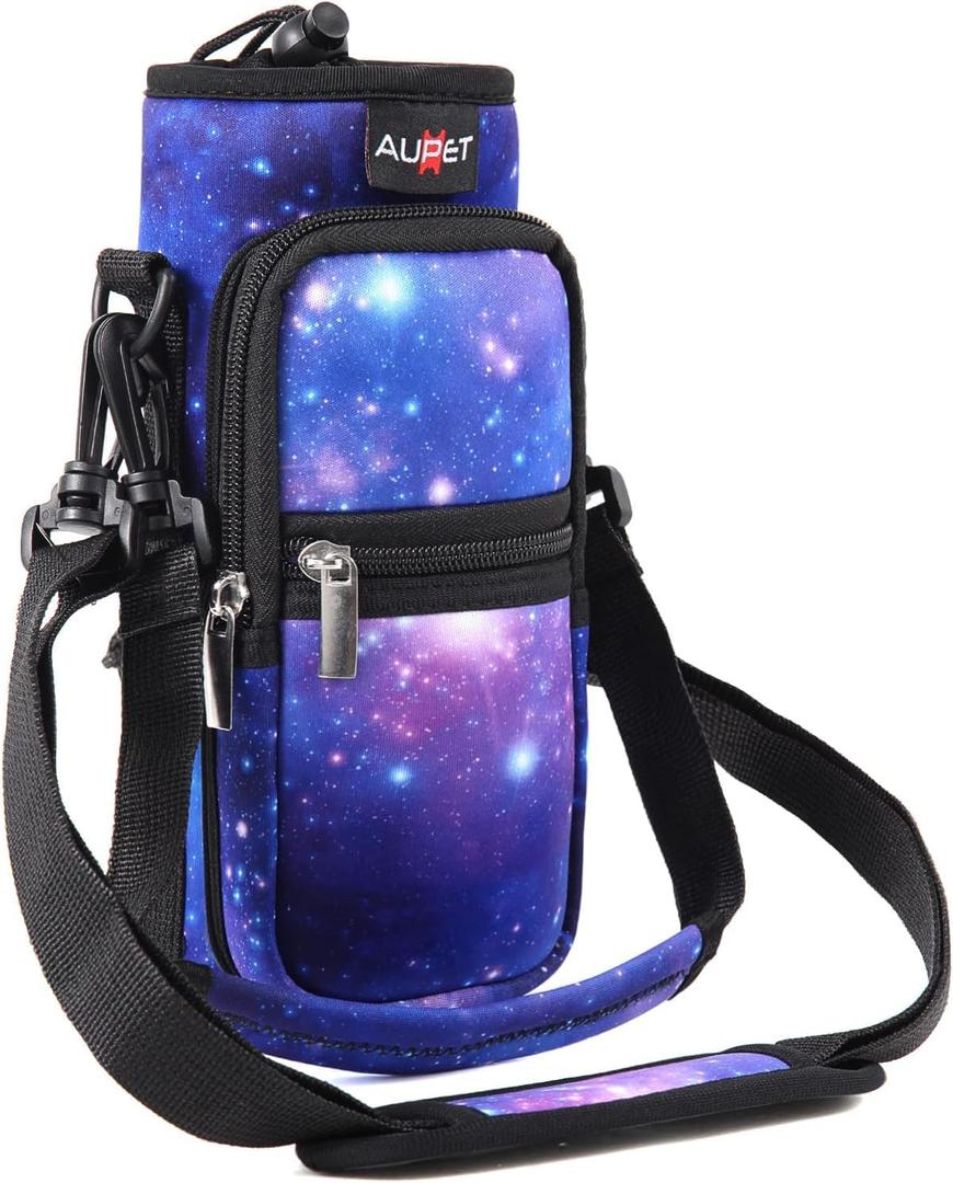 AUPET Water Bottle Sling Bag Sleeve Holder Carrier 25/32/40/64 oz,Insulated Crossbody Water Bottle Case Cover with Strap and Pockets for Men/Women Walking Hiking Camping (32oz, Purple Starry Sky)