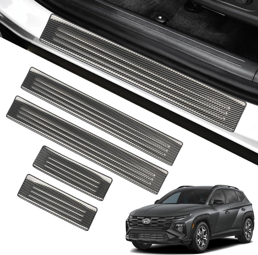 YOJOJOCO Car Door Sill Protectors for Hyundai Tucson 2022 2023 2024 Accessories Automotive Outer Door Entry Guard Cover Trim Black Stainless Steel Carbon Fiber Texture