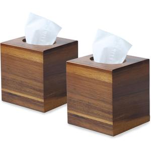 2 Pack Acacia Wood Tissue Box Cover, Square Wooden Tissue Holder for Bathroom, Living Room, Dining Table, Decorative Cube Facial Tissue Box Cover, 5.3 x 5.3 x 5.9 inches
