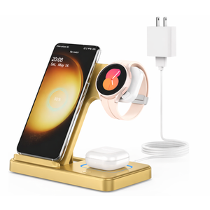Wireless Charger for Samsung Charging Station: GEEKERA 3 in 1 Foldable Phone Charger Stand for Galaxy Watch6/5 Pro/4/3/Active, S24 Ultra/S24 Plus/S23/S22/S21, Z Fold/Flip Series, Android, Buds 2 Pro, Gold