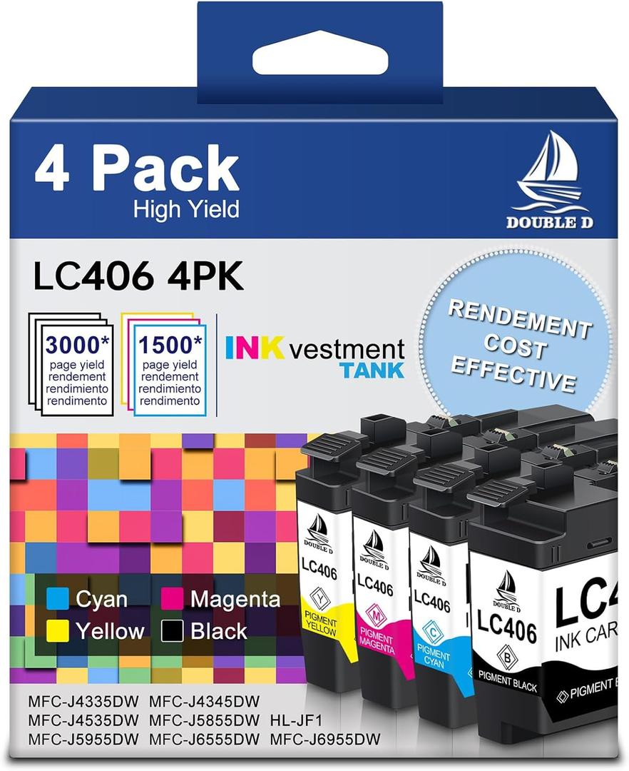 DOUBLE D Compatible LC406 4-Color Ink Cartridges Set for Brother LC406 LC406XL use with Brother MFC-J4335DW MFC-J4345DW MFC-J4535DW MFC-J5955DW MFC-J6955DW MFC-J5855DW Printer