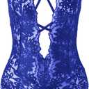 SOLY HUX Women's One Piece Lingerie Sexy Lace Babydoll Deep V Teddy Criss Cross Backless Teddy Mini Bodysuit (Blue, L)
