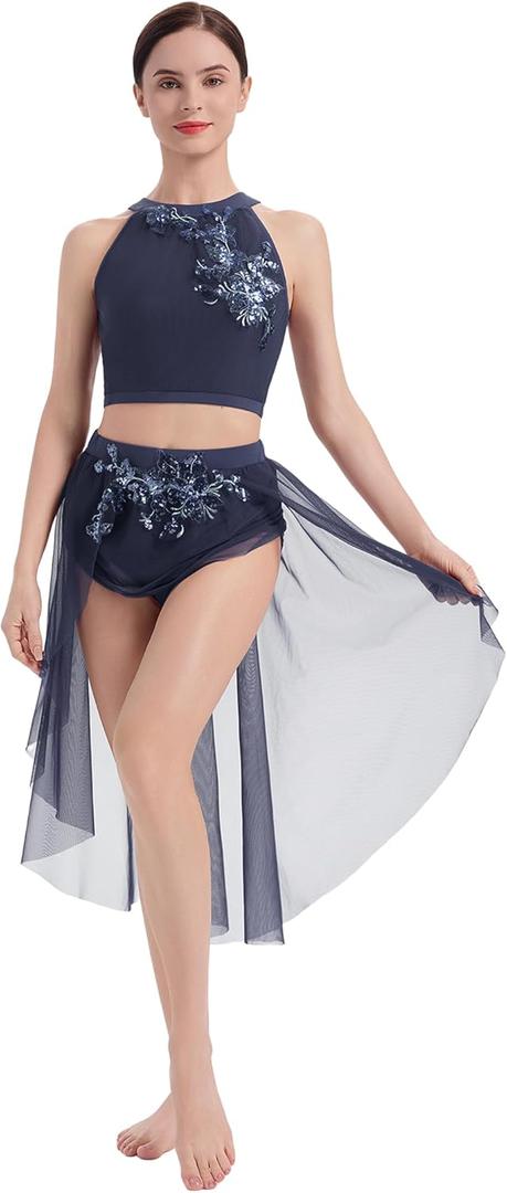 AFAVOM Lyrical Dance Costumes for Women Sequin Flower Lyrical Dress Crop Top + Flowy Mesh Tulle Skirt Contemporary Dancewear (Large, Navy Blue)